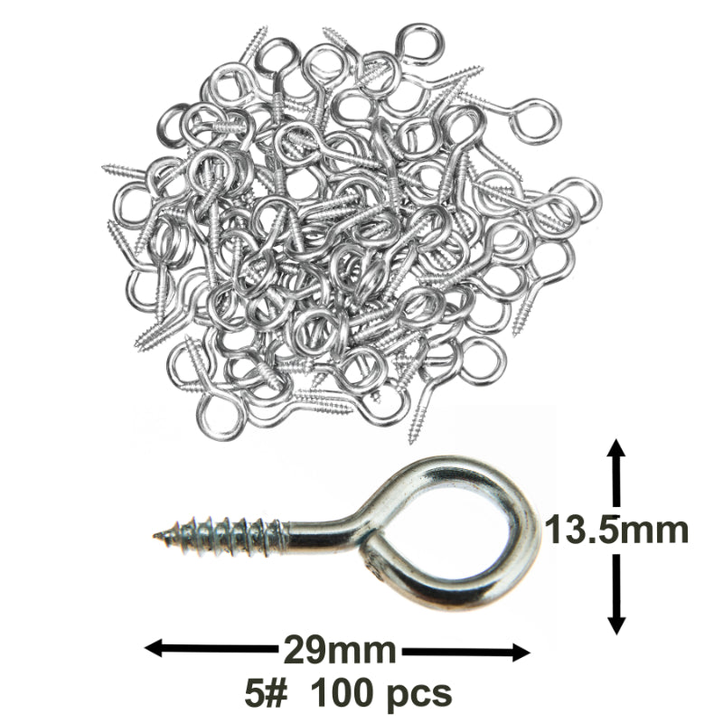 100x 13.5mm (17/32”) Zinc-Plated Eye Hook Screws – Round Circle