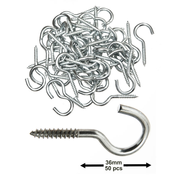 50-Pack of Zinc-Plated Screw Hooks 36.5mm (1-7/16in) Size – Strong Metal Screw-in Hooks for Garden Home Office Kitchen Bedroom Utility Room and Garage