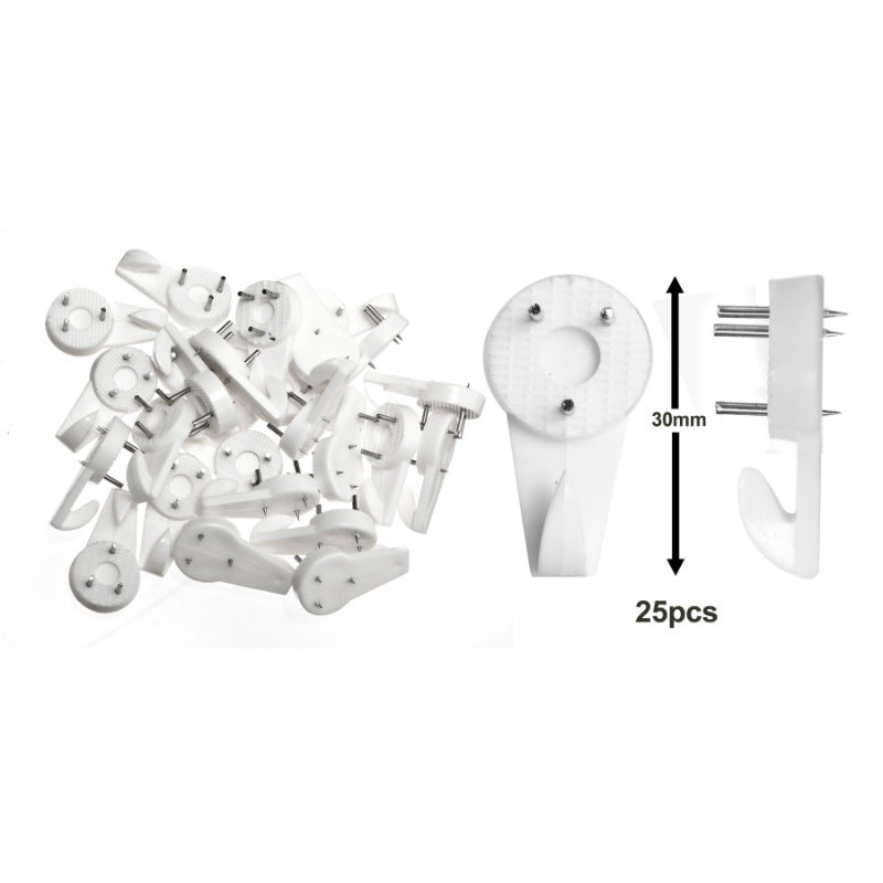 Strong 30mm (1-3/16") White ABS Plastic Picture Hooks – 25 Pack – Non-Trace Picture Hanger Hook Set for Hanging Frames On Hard Walls/Drywall/Plasterboard