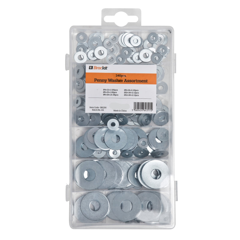 Large 240pc Penny Washer Assortment Pack – Durable Metal General-Use & Mudguard Penny Washers for Hobbyists Plumbers Builders and DIY Enthusiasts in Range of Sizes