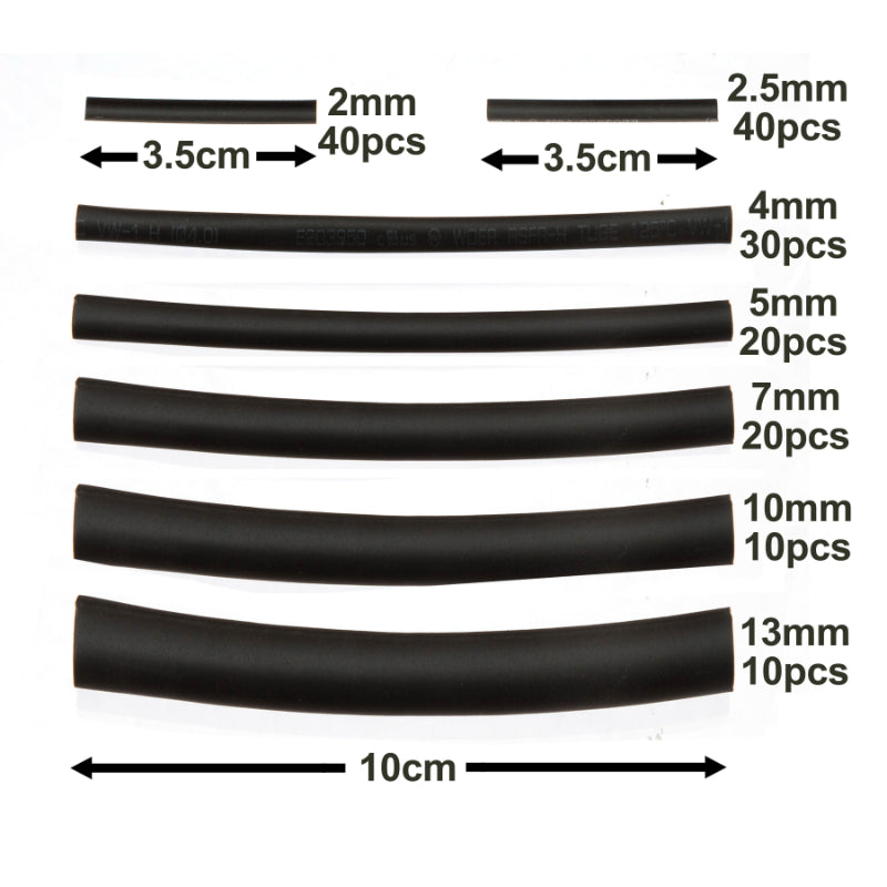 170 Pieces - Black Heat Shrink TUBING Multi-Pack Assortment for Insulating, Covering and Joining Open Wire Connections. 2x35mm - 2.5x35mm - 4x100mm - 5x100mm - 7x100mm - 10x100mm - 13x100mm