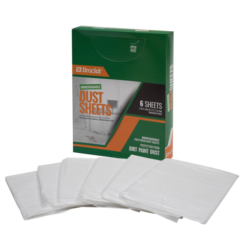 6-Pack Biodegradable Reusable Dust Sheets: 2.7m x 3.6m (9'x 12') x 0.7mil Embossed White - for Furniture Protection Decorating Home or Office Use