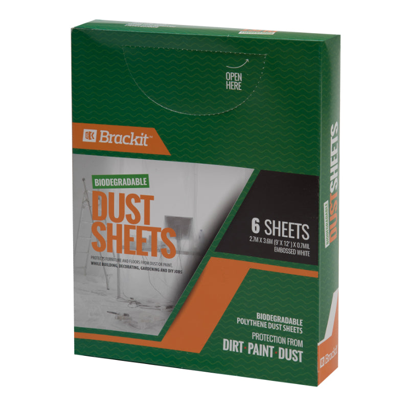 6-Pack Biodegradable Reusable Dust Sheets: 2.7m x 3.6m (9'x 12') x 0.7mil Embossed White - for Furniture Protection Decorating Home or Office Use