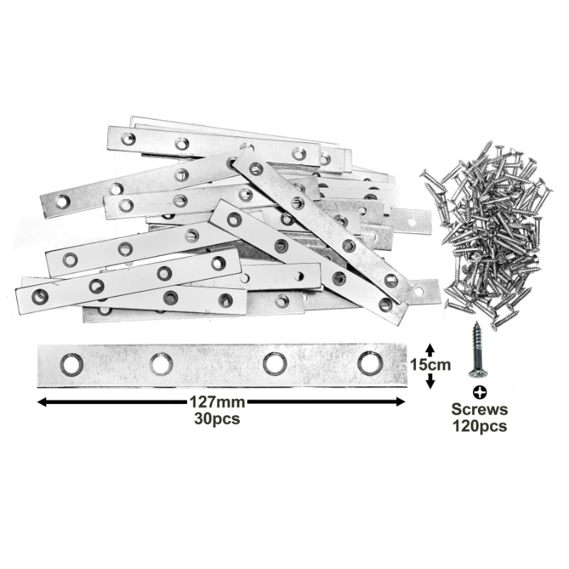 30pc Pack of Heavy Duty Steel Flat Straight Fixing Plates with 120x Screws – Ideal for Use as Supports or for Repair Fixing Mending Joining Furniture and DIY Projects