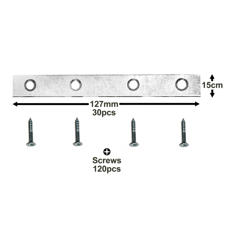 30pc Pack of Heavy Duty Steel Flat Straight Fixing Plates with 120x Screws – Ideal for Use as Supports or for Repair Fixing Mending Joining Furniture and DIY Projects