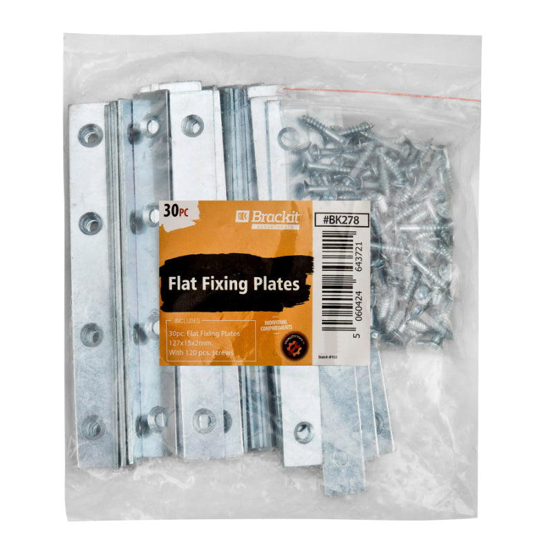 30pc Pack of Heavy Duty Steel Flat Straight Fixing Plates with 120x Screws – Ideal for Use as Supports or for Repair Fixing Mending Joining Furniture and DIY Projects