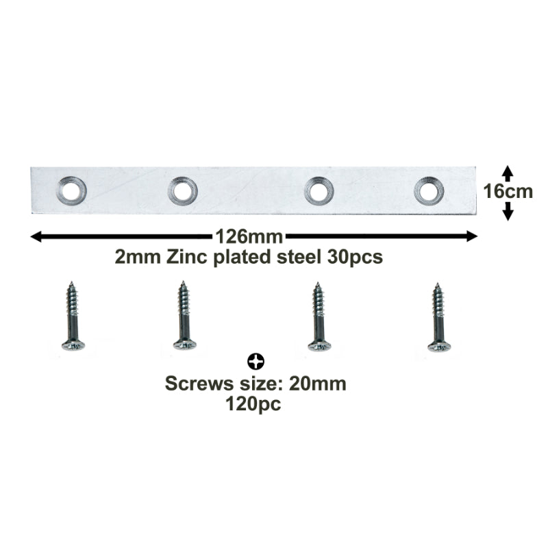 30pc Pack of Heavy Duty Steel Flat Straight Fixing Plates with 120x Screws – Ideal for Use as Supports or for Repair Fixing Mending Joining Furniture and DIY Projects