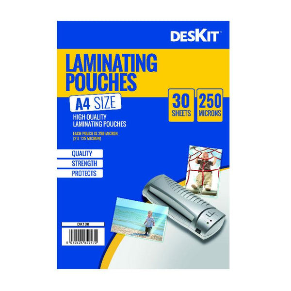 DESKIT 30 A4 Size Laminating Pouches 250 Micron Extra Strong Quality - Ideal for Photos & Heavy Duty Or Frequently Handled Documents.