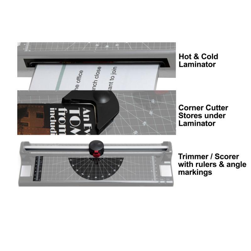 Professional Home Office A4 Laminator & Cutter 3-in-1 with Perforator and Corner Rounder – Hot/Cold Laminating Settings Plus Cutting Guides and Spare Cutter Base