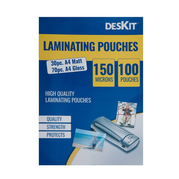 DESKIT Multi Pack of 100 Laminating Pouches - 30pc Matt A4 Sized – 70pc Gloss A4 Sized - 150microns – Gives Rigidity to Your Important Documents – Makes Documents Shiny Or Matt Finish