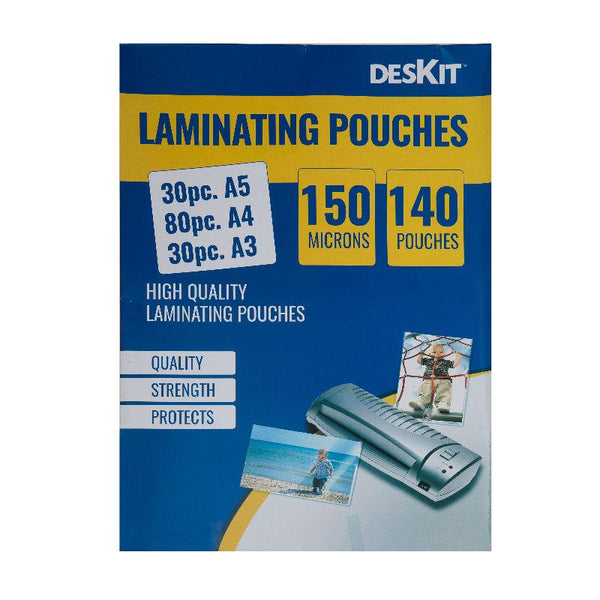Deskit 140 Laminating Pouches Multi Pack 30pc A5 – 80pc A4 – 30pc A3 – 150 Microns – Adds Rigidity to Documents – Ultimate Protection – Complete Office Laminating Kit – Great for Menus & Presentations