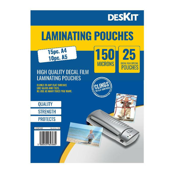 Pack of 25 Premium 150 Micron ‘Peel & Stick’ Laminating Pouches/Decal Film – 15x A4-Size and 10x A5-Size Self-Adhesive Document Pockets for Home or Office