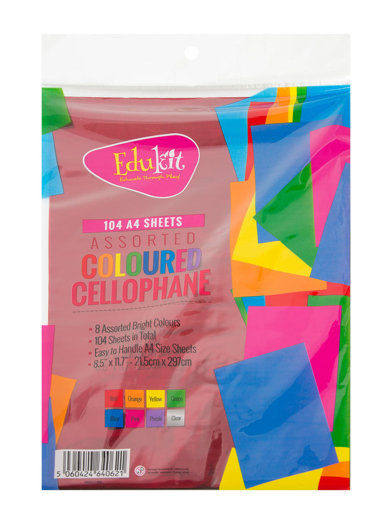 edukit Cellophane Sheets Craft Kit, 104pc A4 size Multicoloured Cello Wrap Scrapbooking Assortment - Clear, Red, Green, Orange, Pink, Blue, Fuchsia & Yellow