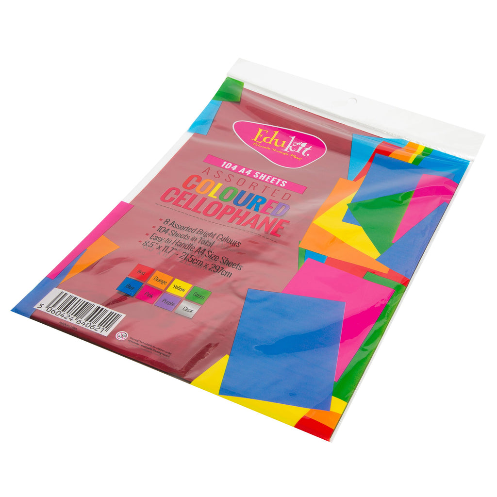 edukit Cellophane Sheets Craft Kit, 104pc A4 size Multicoloured Cello Wrap Scrapbooking Assortment - Clear, Red, Green, Orange, Pink, Blue, Fuchsia & Yellow