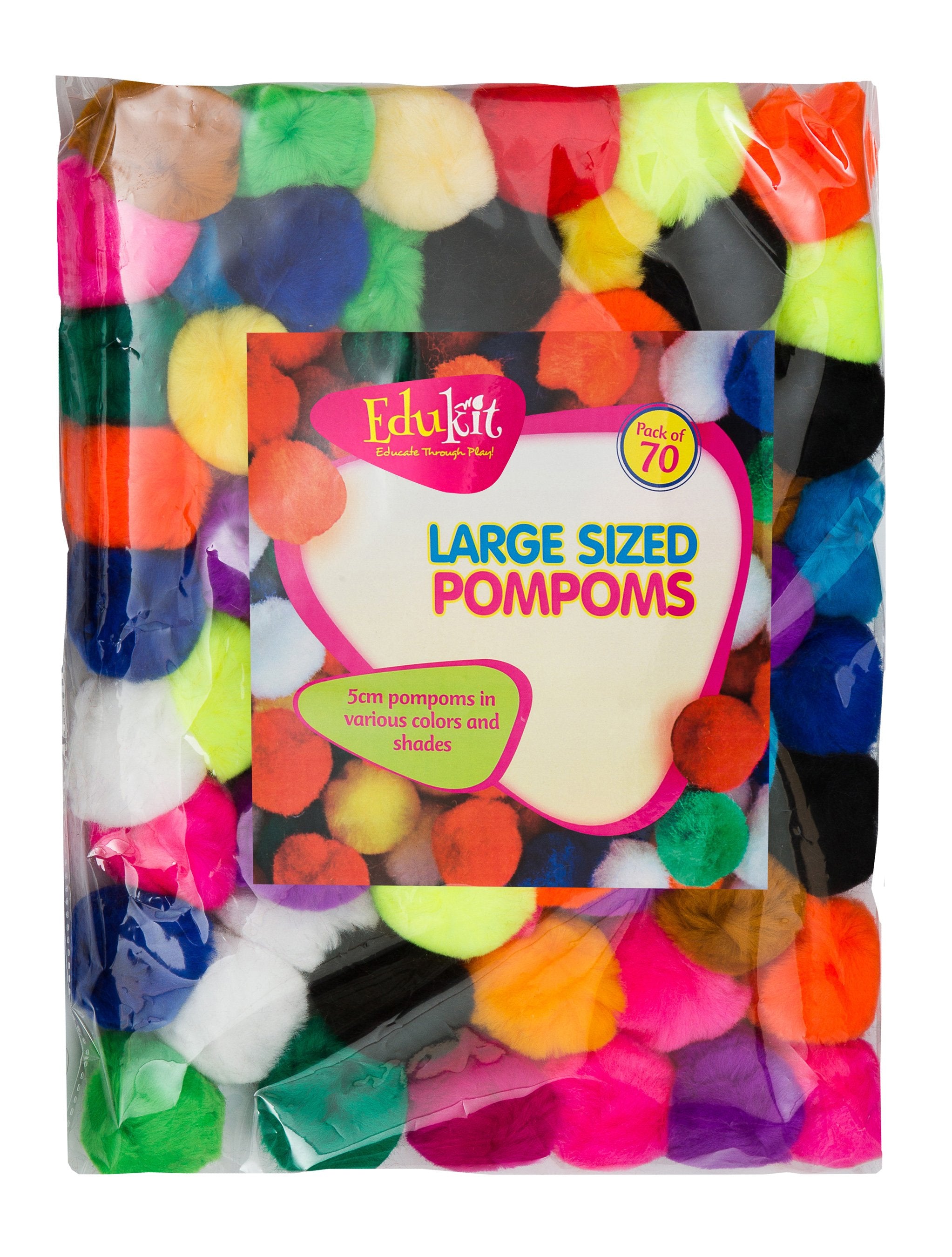 EduKit Large 5cm Pompoms Craft Supply Bumper Pack | 70 PC Colorful Hobby & Craft Supplies for Kids, Preschoolers & Classrooms