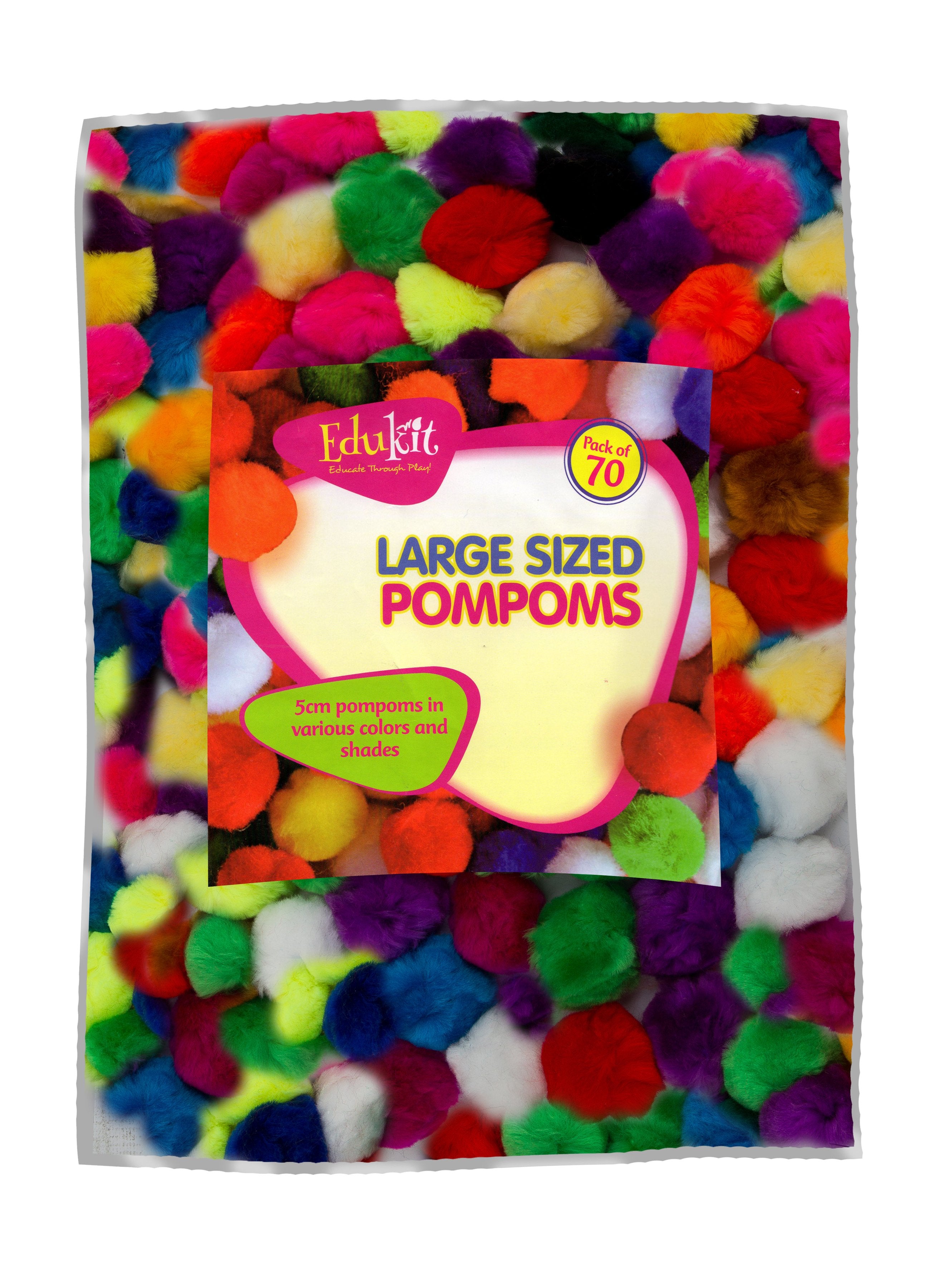 EduKit Large 5cm Pompoms Craft Supply Bumper Pack | 70 PC Colorful Hobby & Craft Supplies for Kids, Preschoolers & Classrooms