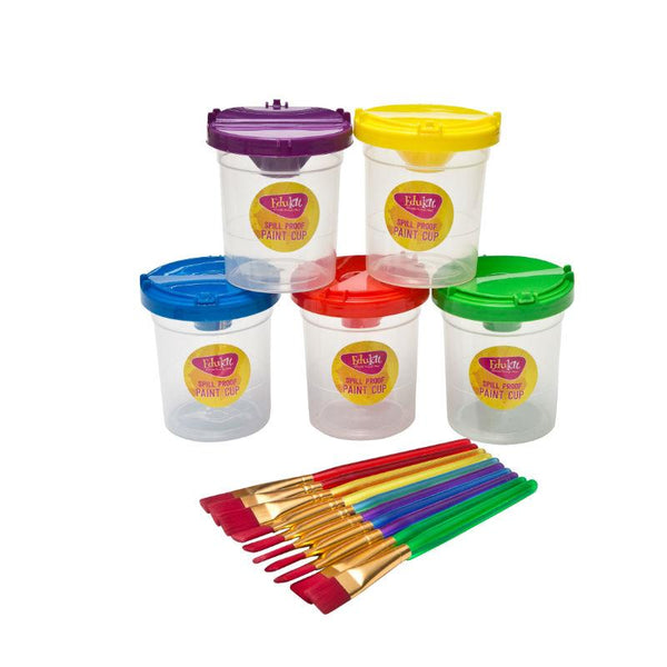 edukit Spill Proof Paint Cups and Children’s Paint Brush Set – 5 Paint Pots and 10 Kids Paint Brushes – Children’s Art and Crafts Kit
