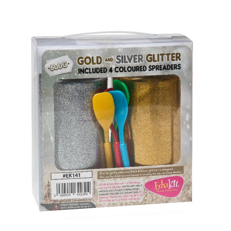 Edukit’s Fine Art & Craft - Nail Art Gold Silver Glitter 600g pack with 4 Multi-Coloured Glue Spreaders