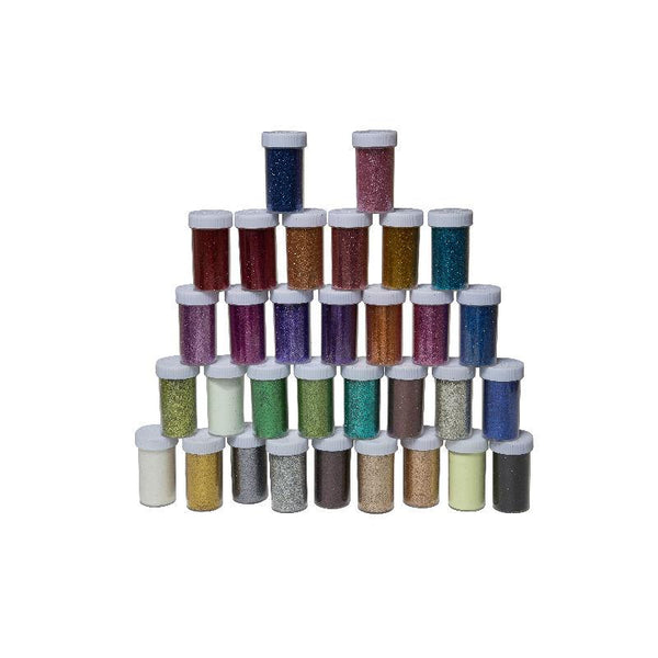 Fine Glitter for Art & Crafts, Nail Art, Face Art & Slime 32 Pack Multi-Coloured Sparkling Glitter Shakers, Included 2 Glow-in-The-Dark Glitters