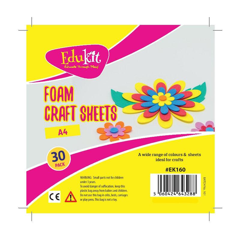 30 - Pack of EVA Foam 2mm Craft Sheets – Multi-Coloured A4 - Size Sheets – Craft Supplies for Scrapbooking Art Decorating and Decoupage