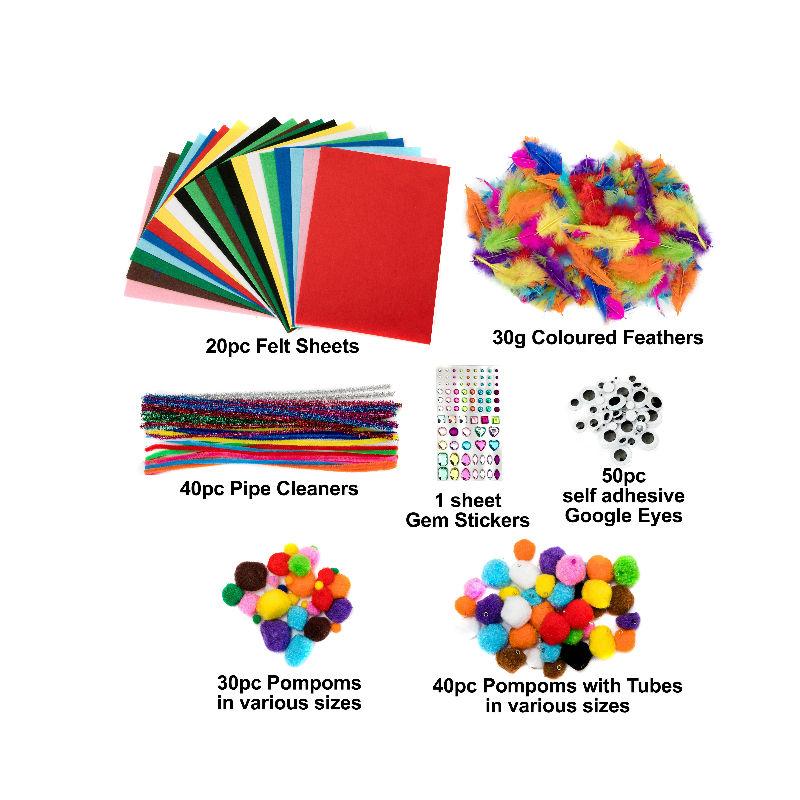 edukit Fun and Educational 280pc Art & Craft Materials Bumper Pack – Felt Sheets Pipe Cleaners Pompoms, Sticky Goggle Eyes, Gem Stickers and Coloured Feathers for Kids Toddlers & Children