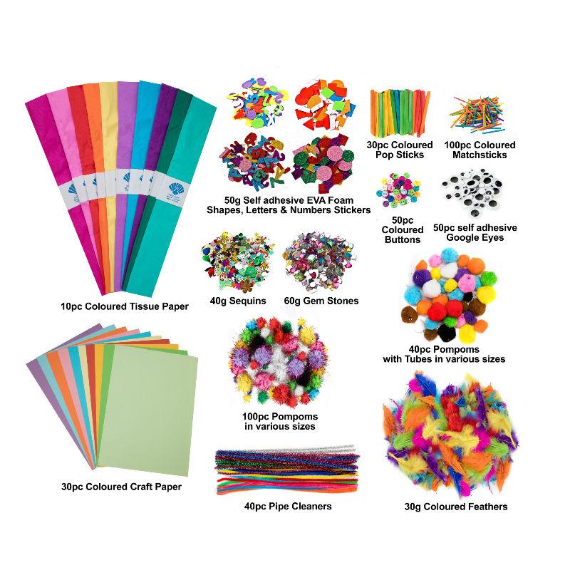 The Ultimate Arts & Craft Materials Mega Bumper Pack – includes Pipe Cleaners, Pompoms, Goggle Eyes, Coloured Crafting Paper, Tissue Paper, Matchsticks, Gem Stones, Feathers, Foam Shapes & more