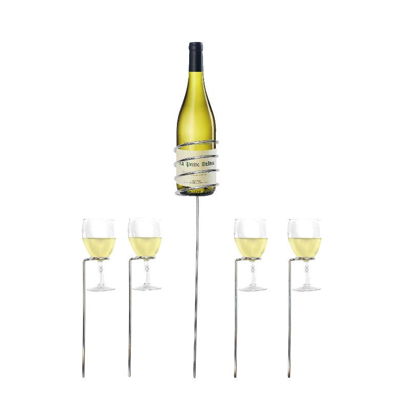 Wine Bottle and Glass Holder Set – Adjustable 4 Wine Glass Holders and 1 Wine Bottle Holder for Garden Parties, Camping and Picnics