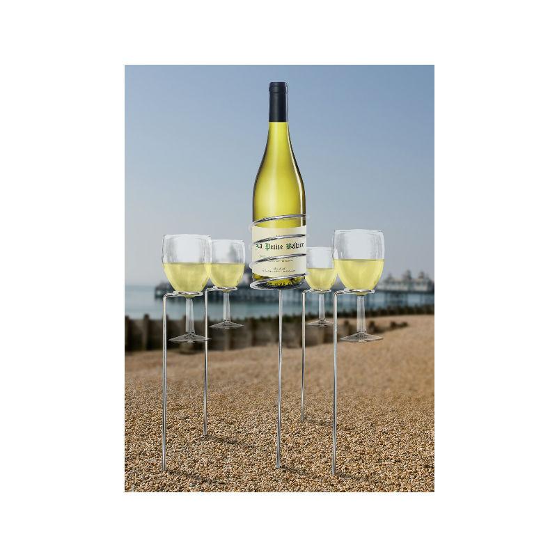 Wine Bottle and Glass Holder Set – Adjustable 4 Wine Glass Holders and 1 Wine Bottle Holder for Garden Parties, Camping and Picnics
