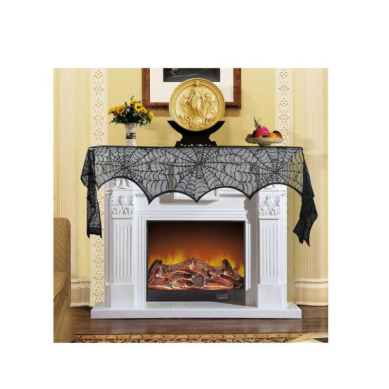 homekit Halloween Spooky Party Decoration – Premium Black Lace Spider Web Fireplace Cover (244 x 45cm / 96” x 18”) – Haunted Cobweb Scarf for Mantelpiece & Windows