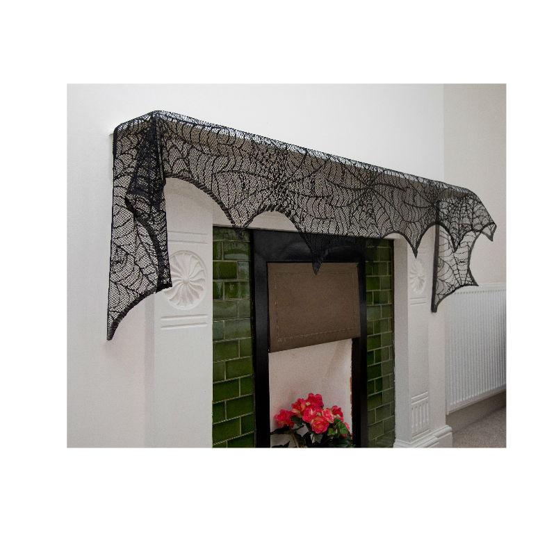 homekit Halloween Spooky Party Decoration – Premium Black Lace Spider Web Fireplace Cover (244 x 45cm / 96” x 18”) – Haunted Cobweb Scarf for Mantelpiece & Windows