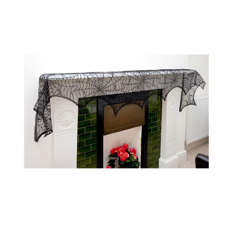 homekit Halloween Spooky Party Decoration – Premium Black Lace Spider Web Fireplace Cover (244 x 45cm / 96” x 18”) – Haunted Cobweb Scarf for Mantelpiece & Windows