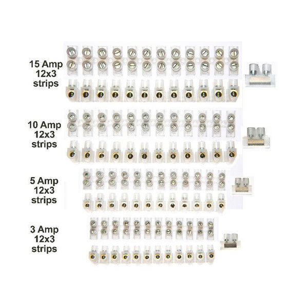 BRACKIT Clear Electrical Terminal Blocks 4 Sizes (3A/5A/10A/15A) 3X Each Size = 12 Strips