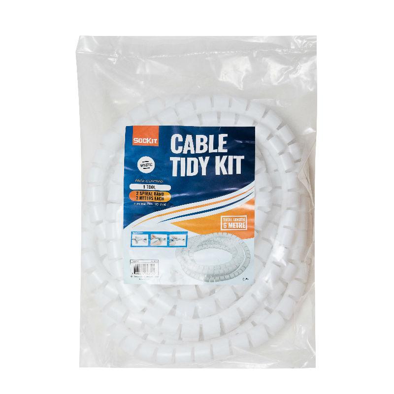 Cable Tidy Kit – 6 Meter, 2 x 3 Meters Spiral Wrapping Band + Tool. White. Can be Cut to Size