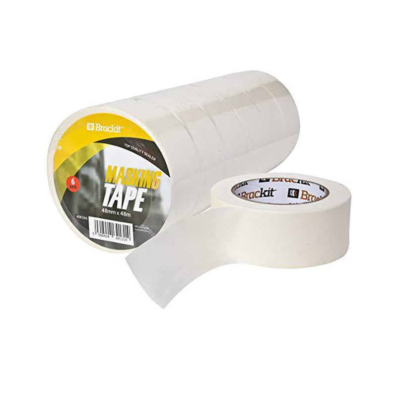 Brackit Easy Removal White Masking Tape | 6 Masking Tape Rolls Bulk Bundle (48mm x 48m per roll)