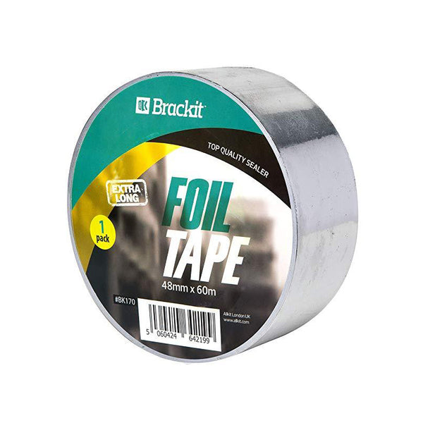 Brackit 48mm x 60m Extra Long Aluminium Foil Tape | Conductive, High Temp Heat-Resistant Foiled Tape Rolls for HVAC Repair, Ducts, Insulation, Dryers, Jewellery Making & Crafts