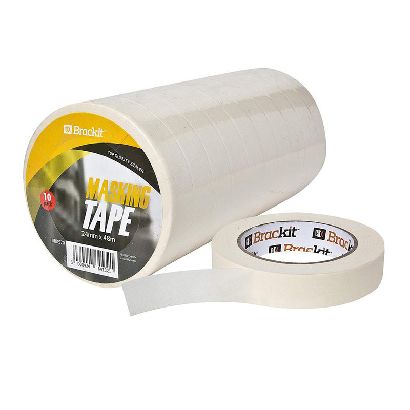 Brackit Easy Removal White Masking Tape | 10 Masking Tape Rolls Bulk Bundle (24mm x 48m per roll)